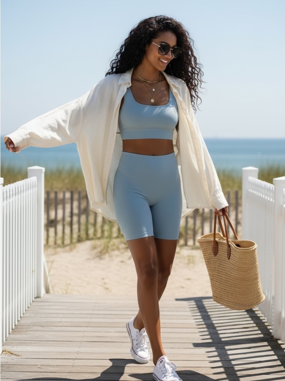 Powder Blue Ribbed Activewear Set Sports Bra Biker Shorts L Athleisure